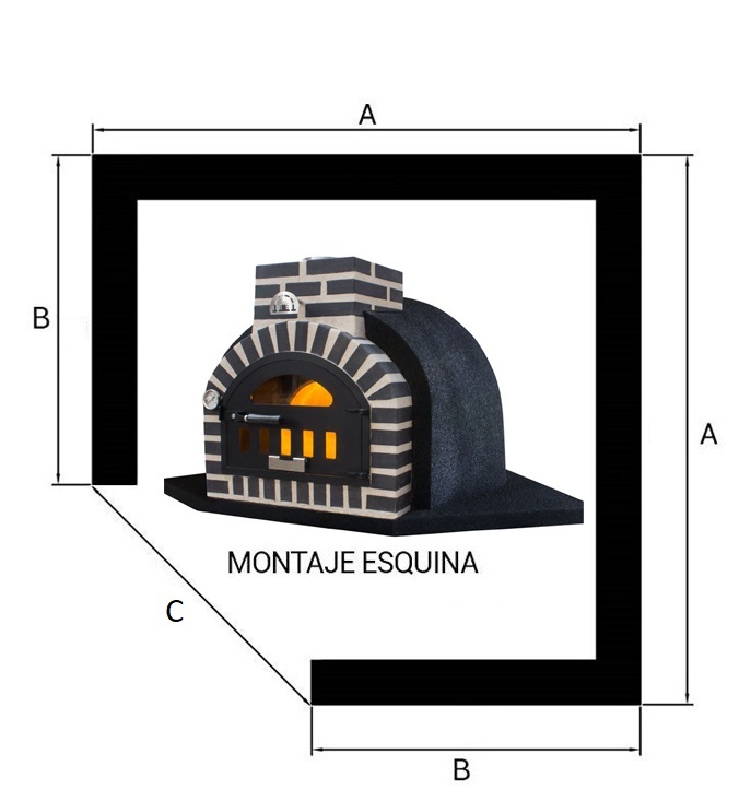 Imagen con esquema de un horno de le&ntilde;a con acabado negro en disposici&oacute;n  de esquina